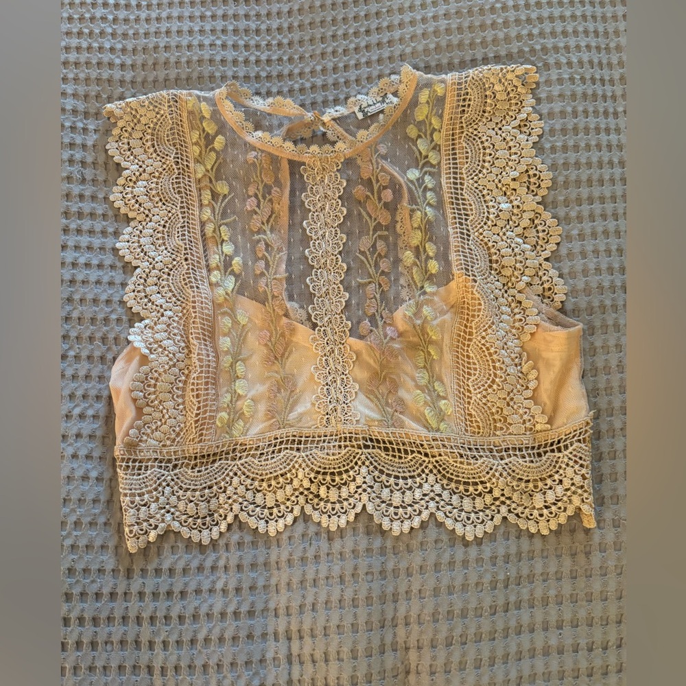 Women’s lace light pink crop top, only worn once Brand: Free People, Size: Small